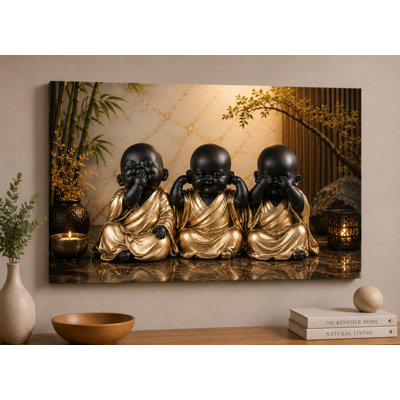 Large Zen Baby Monks  See No Evil Speak No Evil Hear No Evil  Wall Art Canvas Print 24x36 Inch Fantasy Buddha Art for Yoga Room Bedroom Living Room - Ready to hang