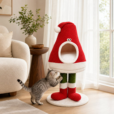Arbre à chat de Noël - griffoir des Fêtes avec condo confortable, poteaux à griffer en sisal et base en peluche, tour de chat d'intérieur festive pour gratter, se reposer et jouer (rouge)