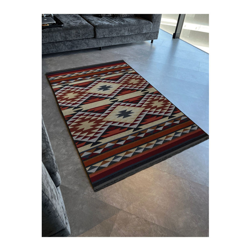 Tapis décoratif multicolore à motif frangé et lavable à la machine, Rectangle 3 pi 3 po x 4 pi 11 po