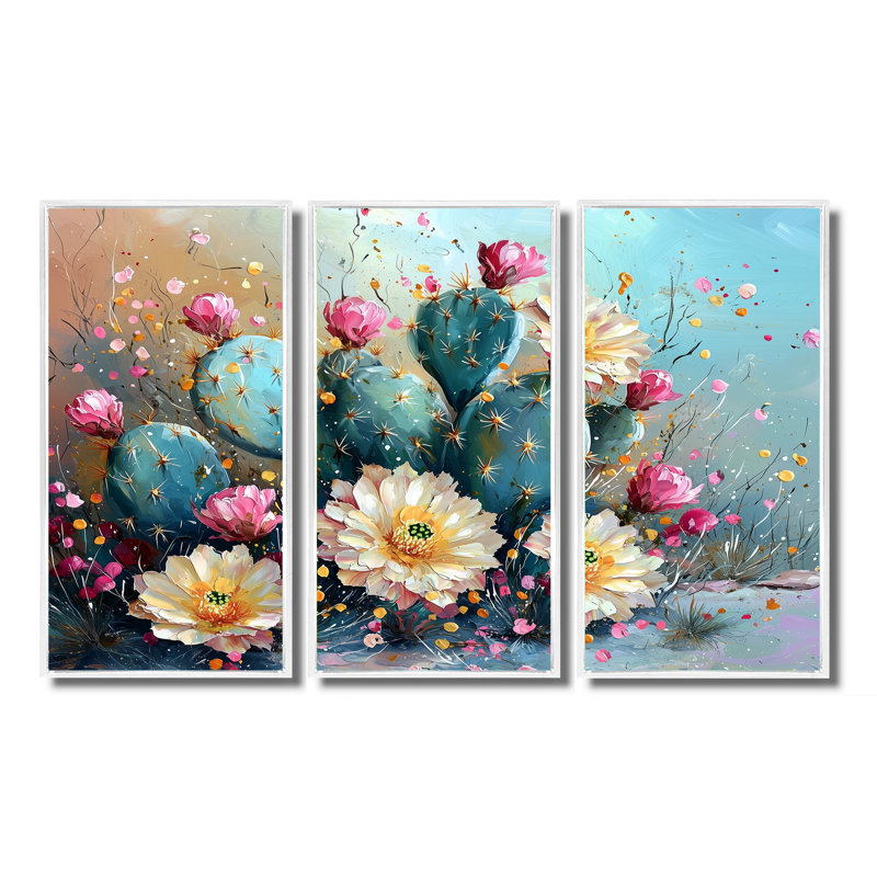 Cactus jaune et vert - art mural cactus - ensemble de 3, H 32 po x l 48 po, Impression encadrée sans passe-partout, Blanc