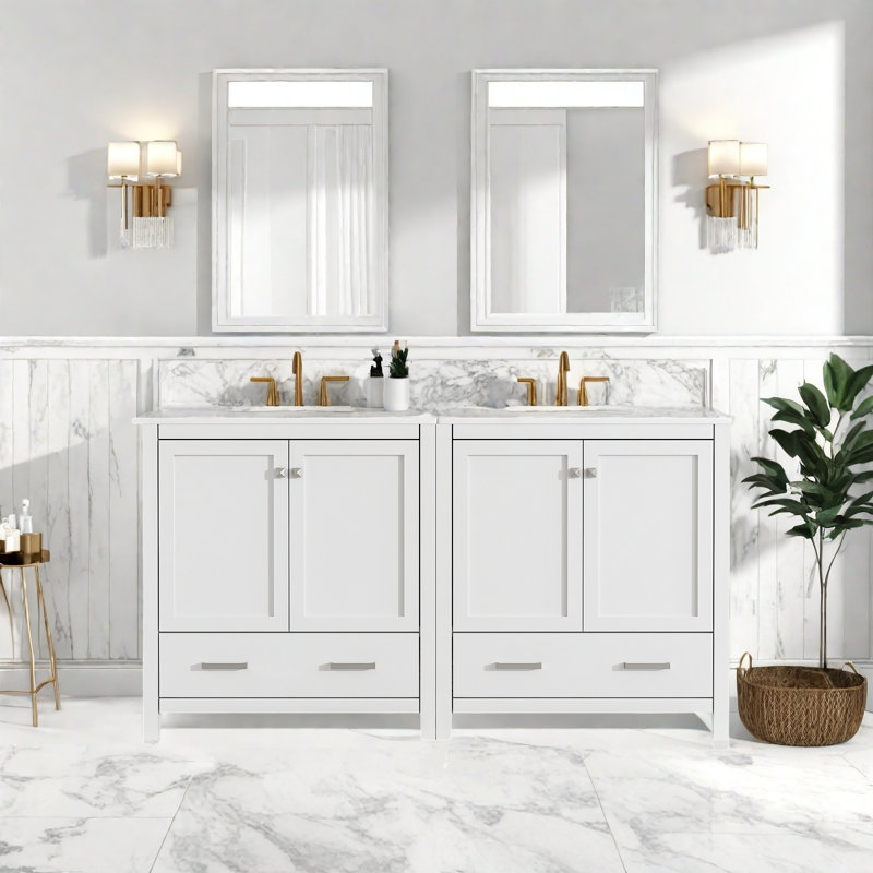Meuble-lavabo double avec lavabo en céramique blanche, portes à fermeture douce, rangement spacieux, structure en bois massif, armoire de salle de bain moderne avec tiroirs et tablettes - unités 2 x 30 po