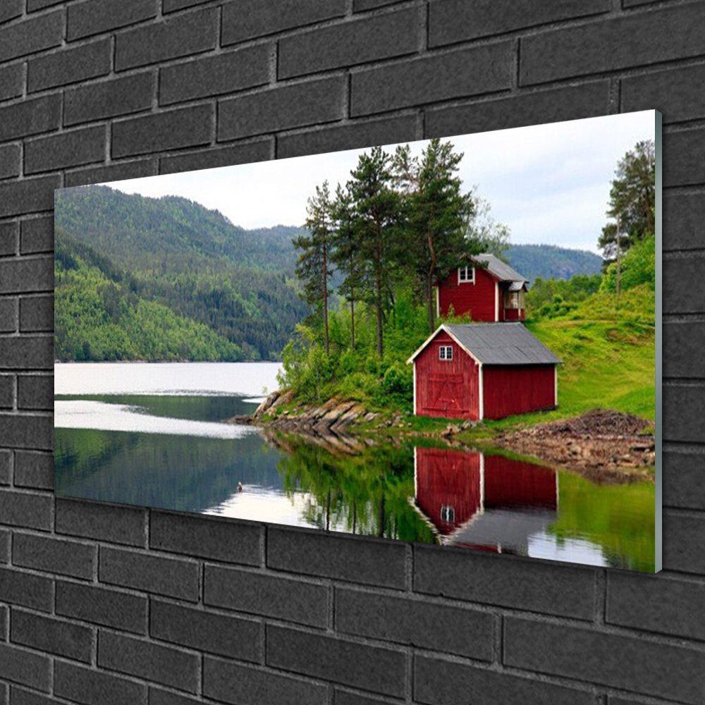 Glasbild Berge Haus Bäume See Landschaft