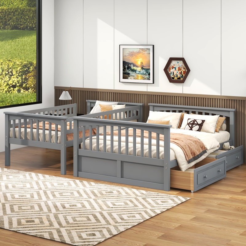 Wren Wood Daybed Frame With Fence, Rustic Style, Solid Pine, Twin over Twin, Gray