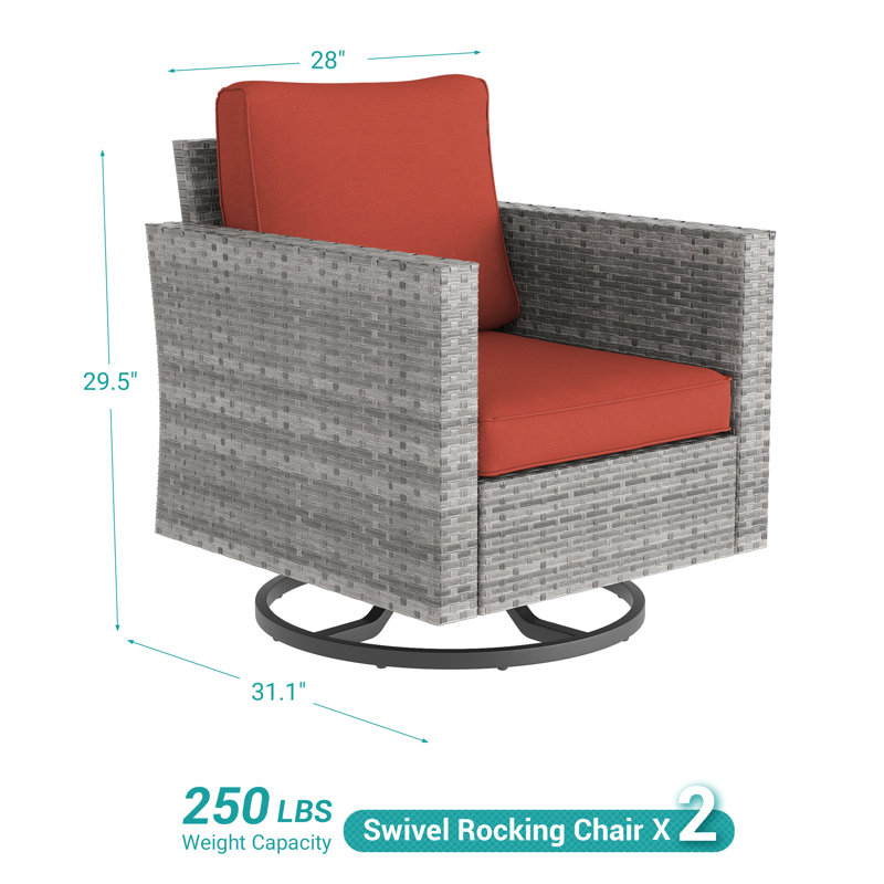 Chaise de patio en osier PE (ensemble de 2), Coussin rouille / gris / structure grise