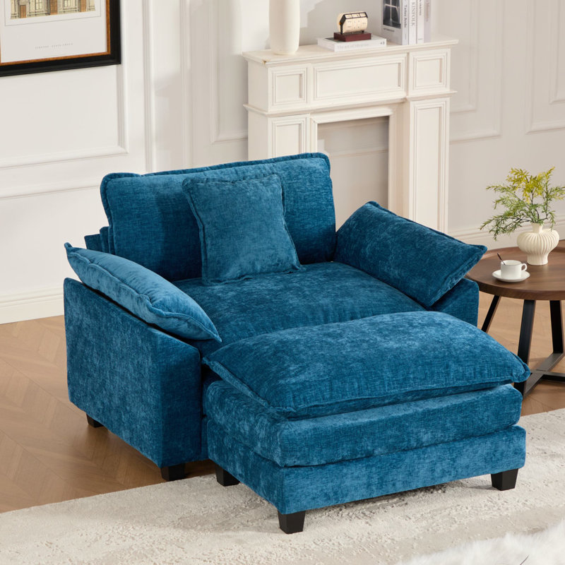 Grid 47'' W Oversized Accent Chair, Deep Seat Chenille Cloud Sofa Chair With Ottoman, Blue
