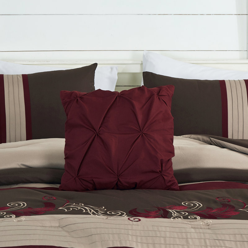 Floral Embroidered Microfiber 7 Piece Comforter Set, Oversized King Comforter + 6 Additional Pieces, Burgundy/Taupe/Brown
