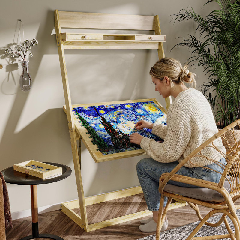 Table de puzzle réglable en bois massif avec tiroirs et tablette de rangement 