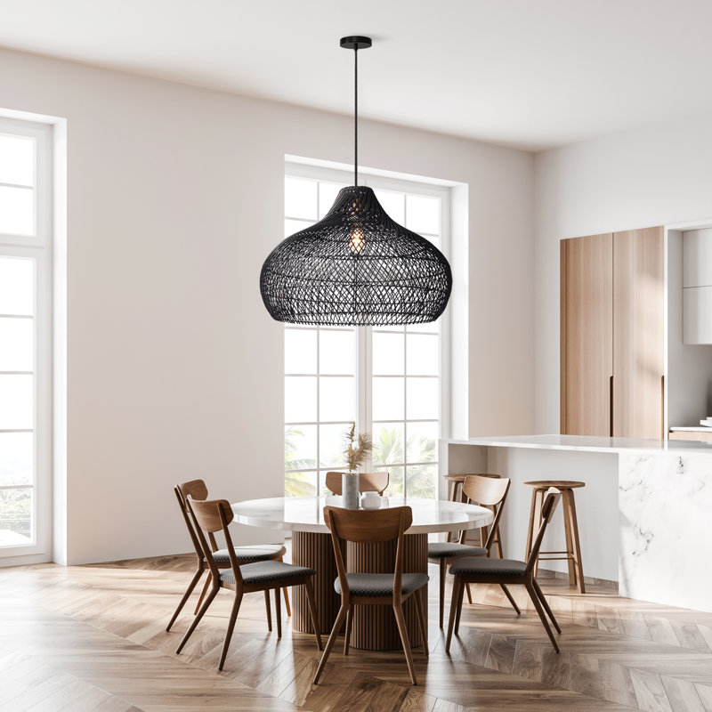 Latigo Rattan Pendant Light - Black Dome 1-Light Polished Handwoven Adjustable Light Fixture For Kitchen Island, Kitchen, Dining Room, Living Room, Bedroom, Hallway or Covered Patio in Modern, Farmhouse & Boho Style