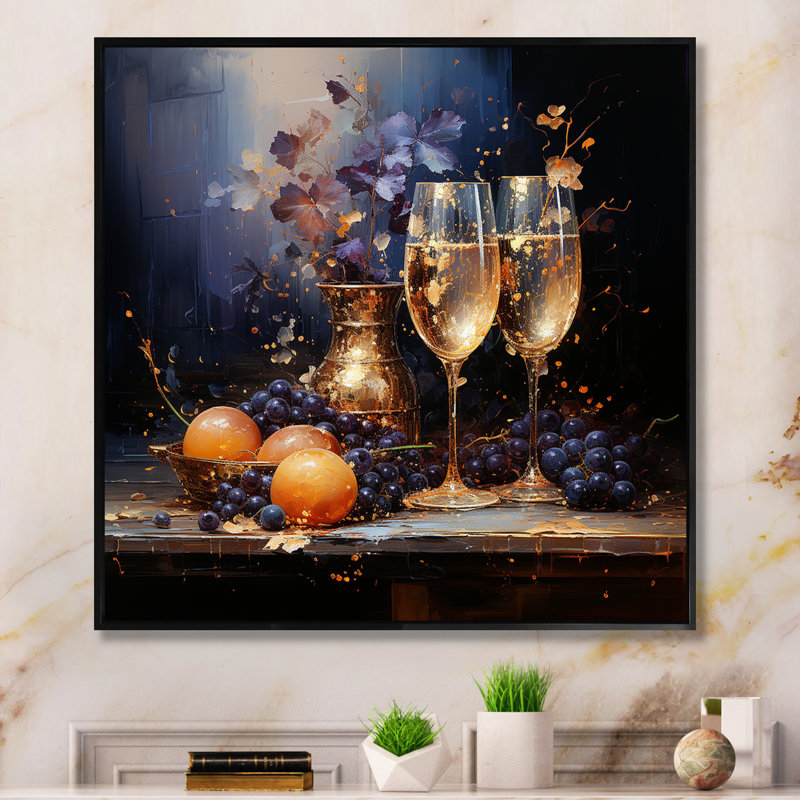 Champagne Champagne Bubble Grapes II, reproduction d'art sur toile, Cadre flottant noir, H 16 po x l 16 po x P 1 po