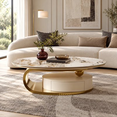 51" Modern Oval Coffee Table, Sintered Stone Top, Gold Metal Legs With Soft‑Close Storage Drawer For Living Room