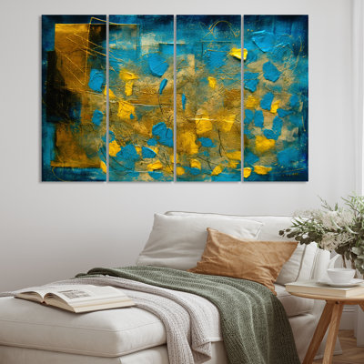 «Lyrical Abstraction in Blue and Yellow I», peinture sur toile tendue 4 pièces