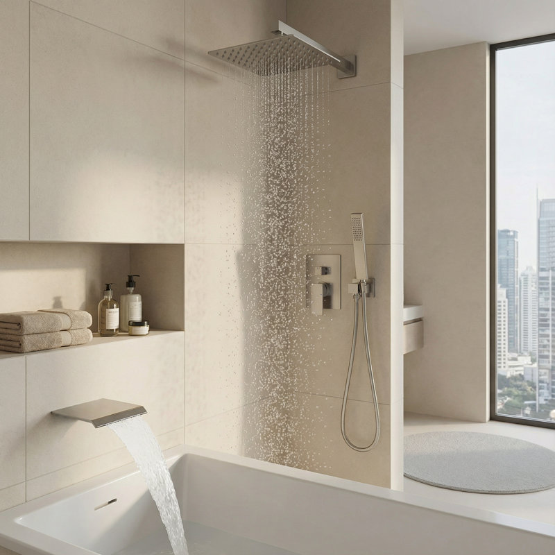 Pressure Balanced Complete Shower System With Rough-In Valve, 10" Rain Shower Head, Handheld And Waterfall Tub Spout，Brushed Nickel
