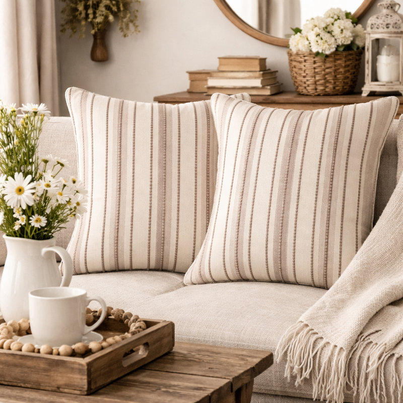 Housse de coussin décoratif à rayures verticales beige et crème 18 po x 18 po, paquet de 2, Ensemble 2 pièces, Beige
