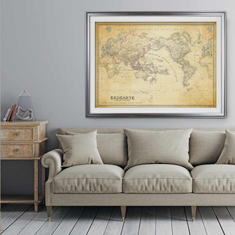 Carte du monde rétro «Parchement», reproduction d'art graphique encadrée, H 28 po x l 38 po x P 1,5 po, Cadre argenté