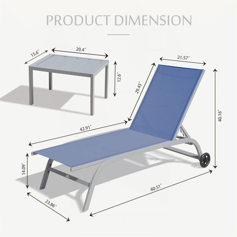 Chaise Lounge Outdoor Set Of 3, Lounge Chairs For Outside With Wheels, Outdoor Lounge Chairs With 5 Adjustable Position, Pool Lounge Chairs For Patio, Beach(2 Lounge Chairs+1 Table)