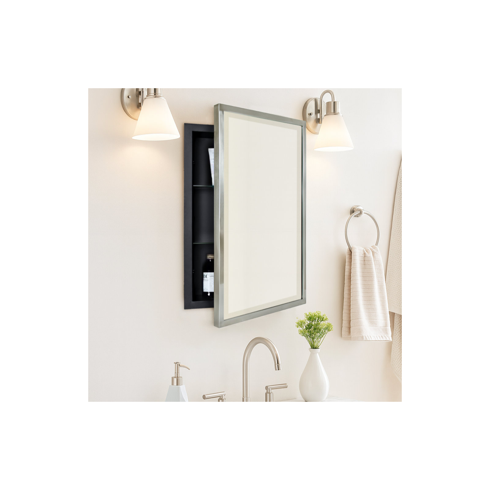 Haddison Recessed Framed Medicine Cabinet with Mirror and Adjustable Shelves, Brushed Nickel, 24" x 16"