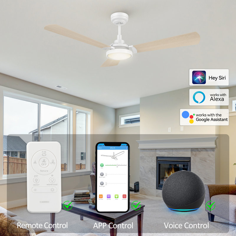 Ventilateur de plafond standard intelligent à 3 pales de 52 po avec télécommande et éclairage inclus Gurseerit