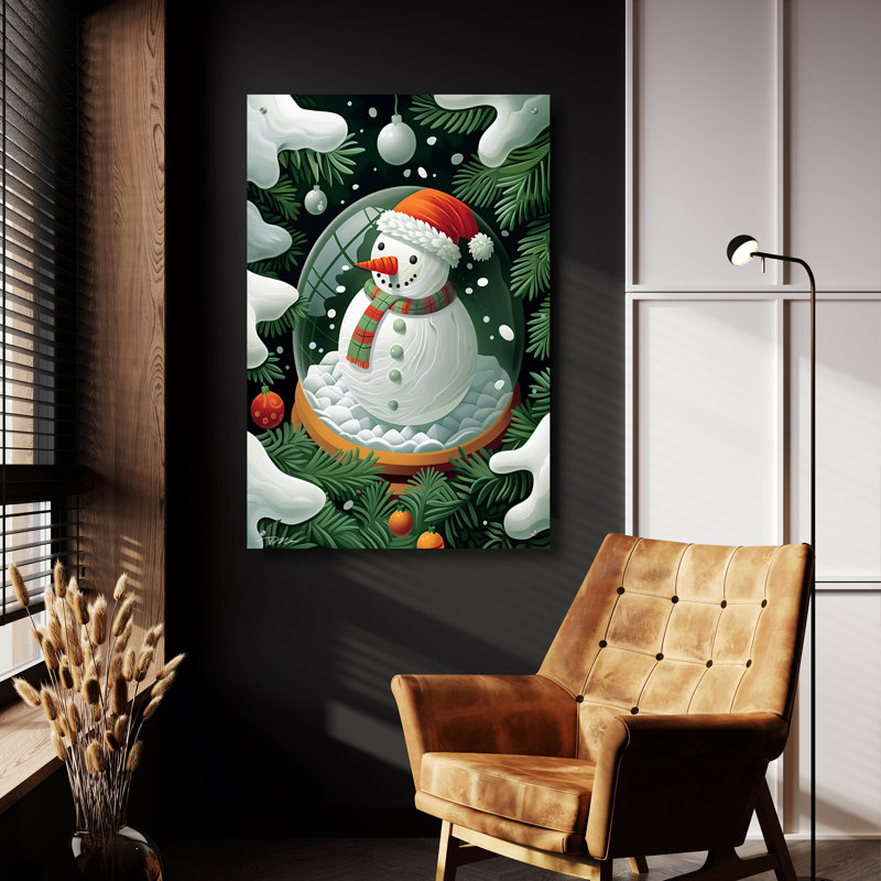 «Globe de Noël avec bonhomme de neige vert et orange» par Momart, art mural en verre acrylique, H 36 po x l 24 po x P 0,2 po