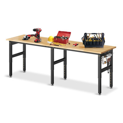 96”Adjustable Work Bench, 5000 LBS Capacity Heavy Duty Workbench with Power Outlet & Pegboard, Rubber Wood Work Table for Garage, Workshop, Office, Home