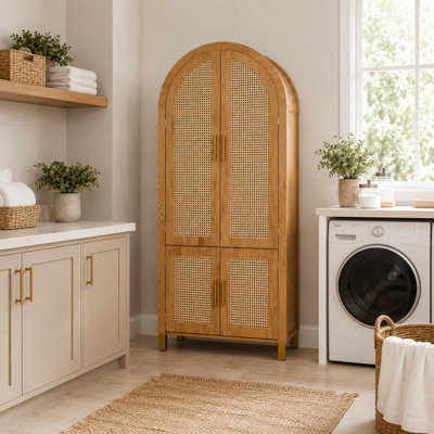 Armoire de rangement pour salle de bain 71 po avec 4 portes en rotin, tablettes réglables et supports intégrés