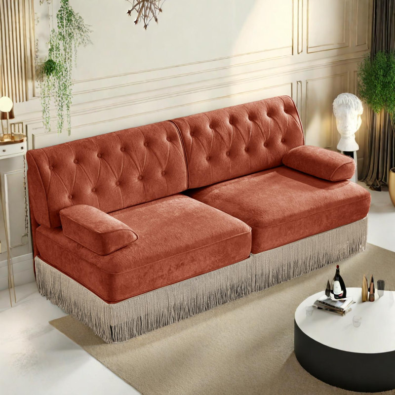 Canapé Chesterfield en velours doux avec motif touffeté et jupe à franges, Brun-rouge