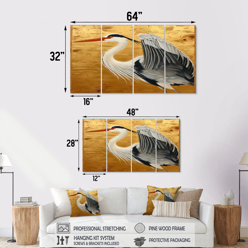 «Heron Ready For Liftoff On Gold», art mural animal sur toile 4 pièces, H 28 po x l 48 po