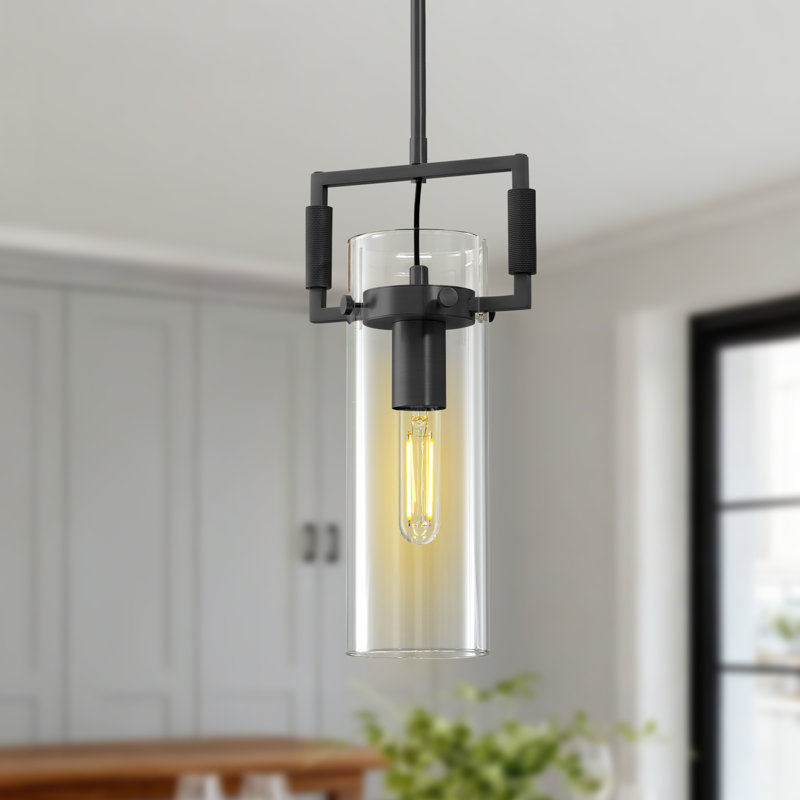 1 - Light Kitchen Island Cylinder Glass Single Pendant, Matte Black