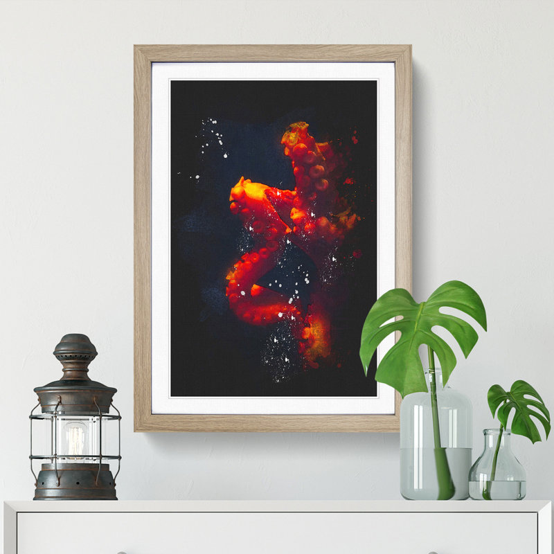 Red Octopus - Picture Frame Graphic Art Print, Oak Framed, 33cm H x 24cm W x 2cm D