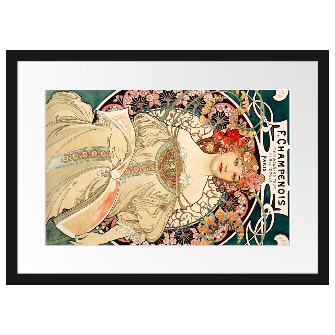 Gerahmter Fotodruck Frau inmitten von Blumen von Alphonse Mucha