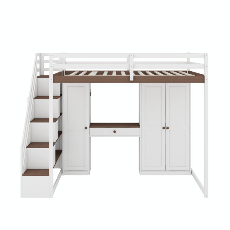 Lit mezzanine double avec marches de rangement, coiffeuse intégrée avec miroir et compartiment, placard et placards, charge USB et éclairage