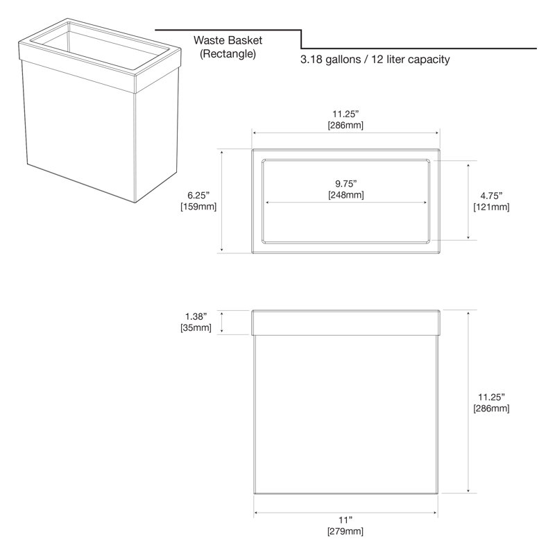 Couvercle de poubelle rectangulaire ouvert 3,18 gallons en acier inoxydable Elevate, Perle mate