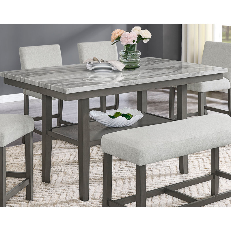 Table rectangulaire en faux marbre 60 po avec tablette de rangement et pieds en bois gris Selena, H 37 po x L 60 po x l 36 po