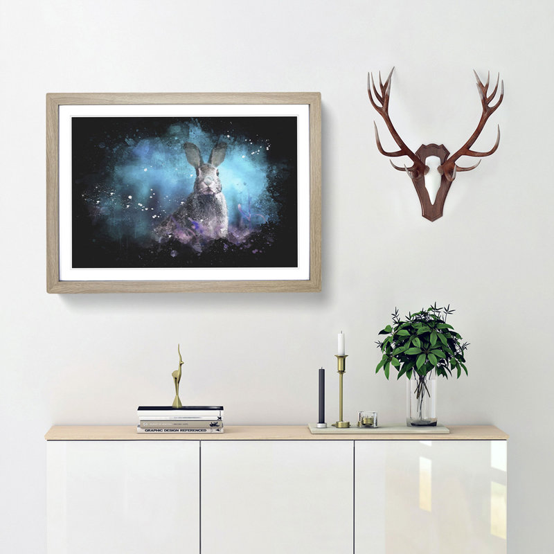 Curious Hare Paint Splash - Picture Frame Graphic Art, Oak Framed, 24cm H x 33cm W x 2cm D