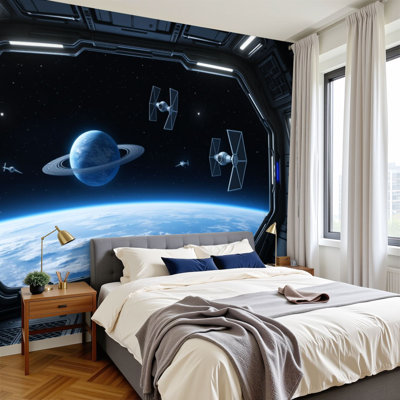 Peel and Stick Wallpaper Futuristic Space Scene Earth Ringed Planet Starfighters Viewed from Wall Murals 100"H x 144"W Removable PVC Wall Paper Self-Adhesive Wall Decor for Bedroom Living Room Home Office