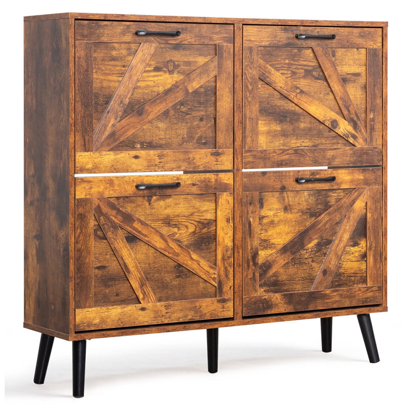 Barn Door 4 Flip Black Handles Melamine Particleboard Black Legs Shoe Cabinet 41.7In Weathered Wood, Weathered Wood