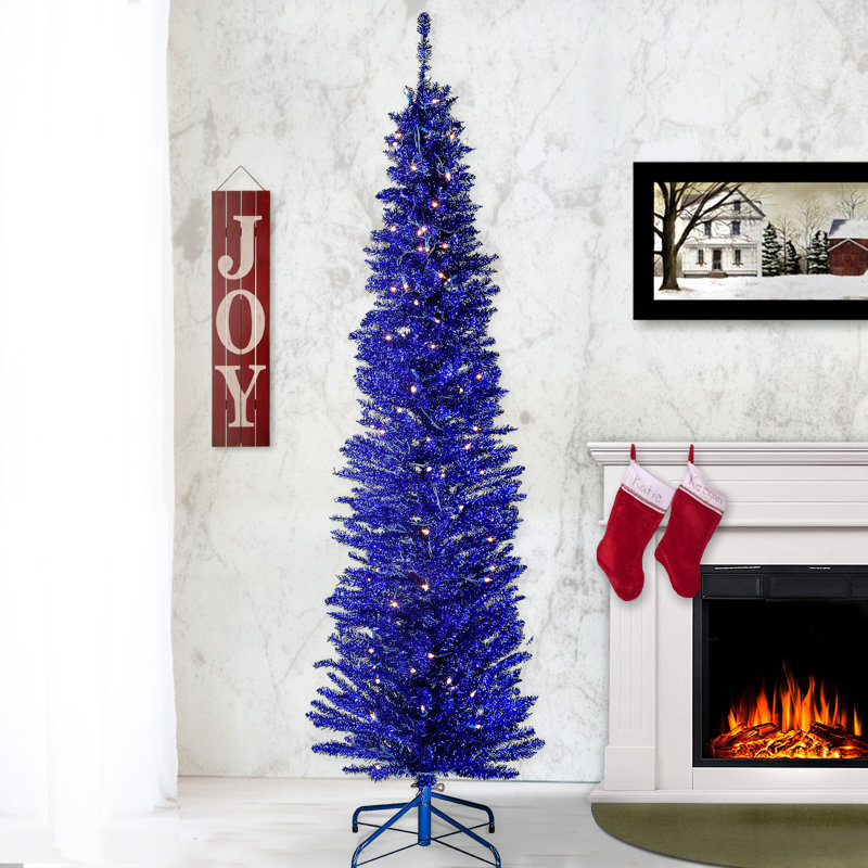 Blue Tinsel Tree with Clear Lights, 7'