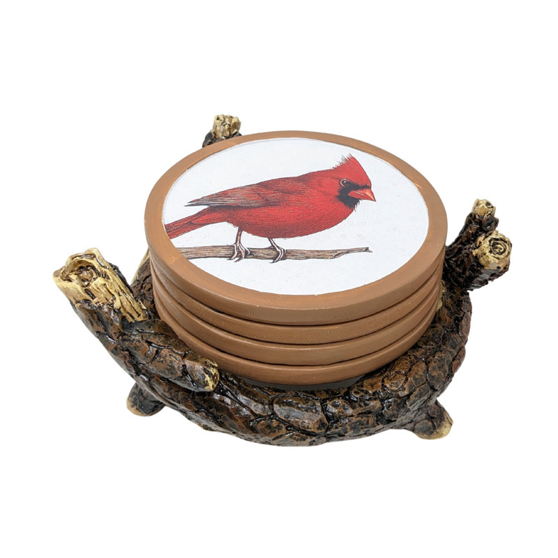 Ensemble de sous-verres en résine avec porte-brindilles et oiseau cardinal rouge