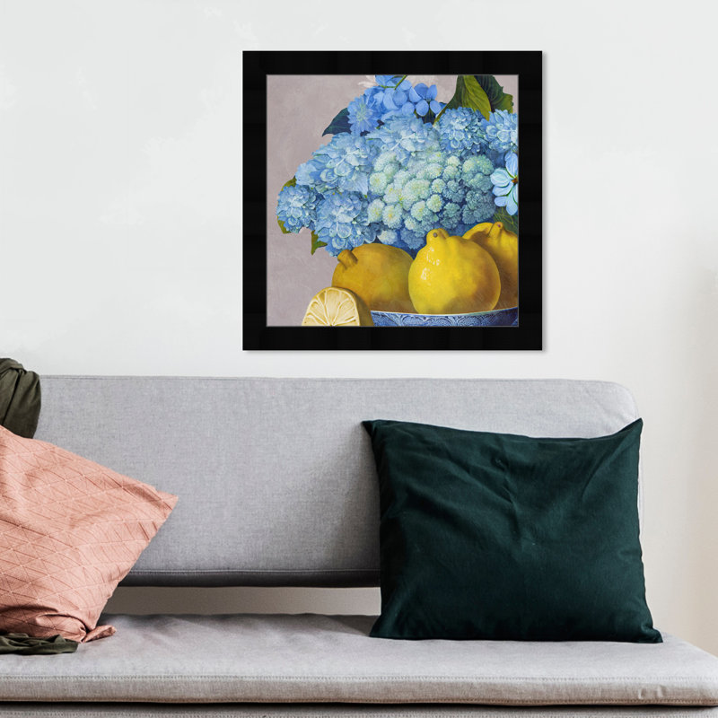 Hydrangeas and Lemons Day - impression encadrée, H 14 po x l 14 po, Cadre noir