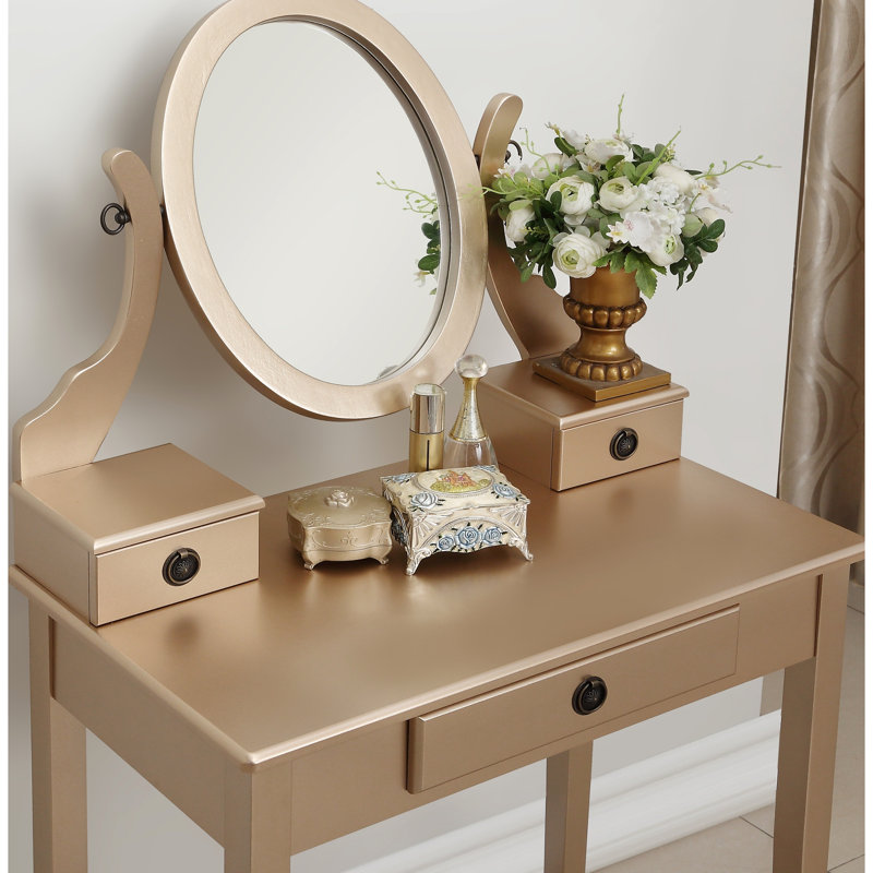 Magnifique coiffeuse dorée avec tabouret, 3 tiroirs de rangement, miroir ovale réglable et maquillage, Doré
