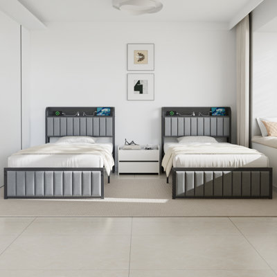 2-Pack Twin Upholstered Metal Bed Frame With Charging Headboard, Modern Platform Bed With USB Ports, Storage-Friendly, Noise-Free Slats