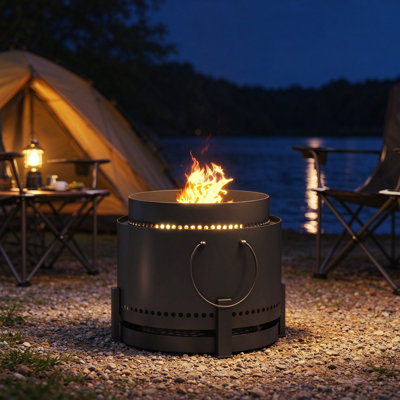 Smokeless Wood Burning Fire Pit with Ash Catcher and Poker, Portable Metal Firepit for Garden Camping and Bonfire Parties, Dark Grey, 37 Centimetres Diameter by 32 Centimetres High