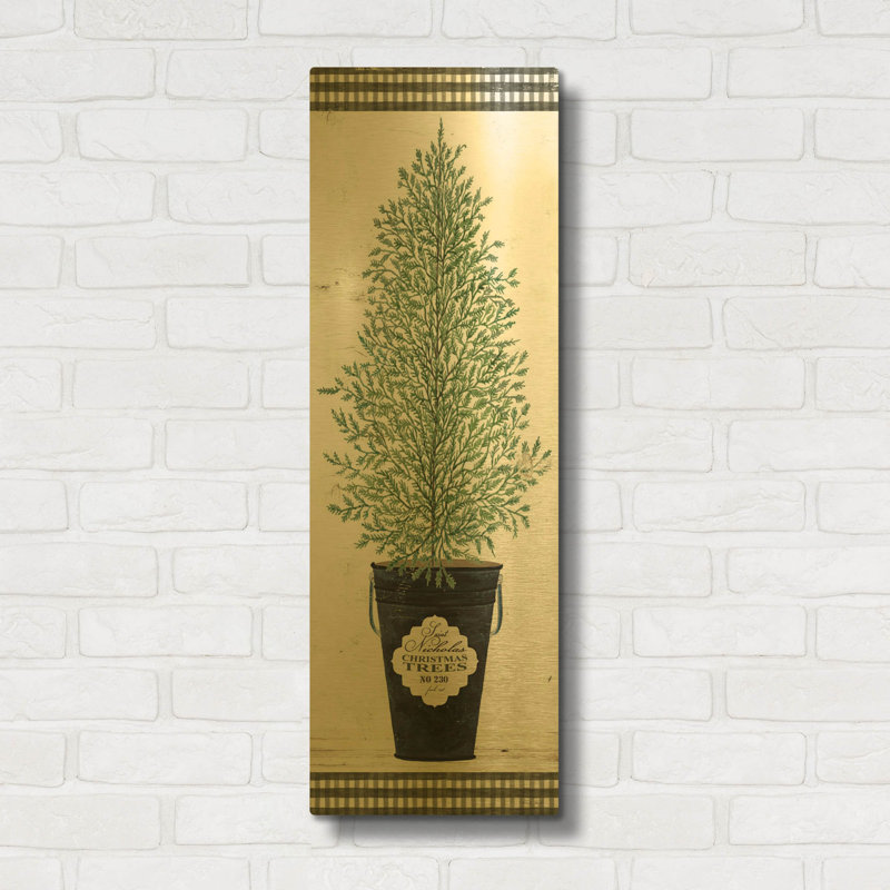 «Cedar Tree» par Cindy Jacobs, art mural en métal doré, 12 po x 36 po