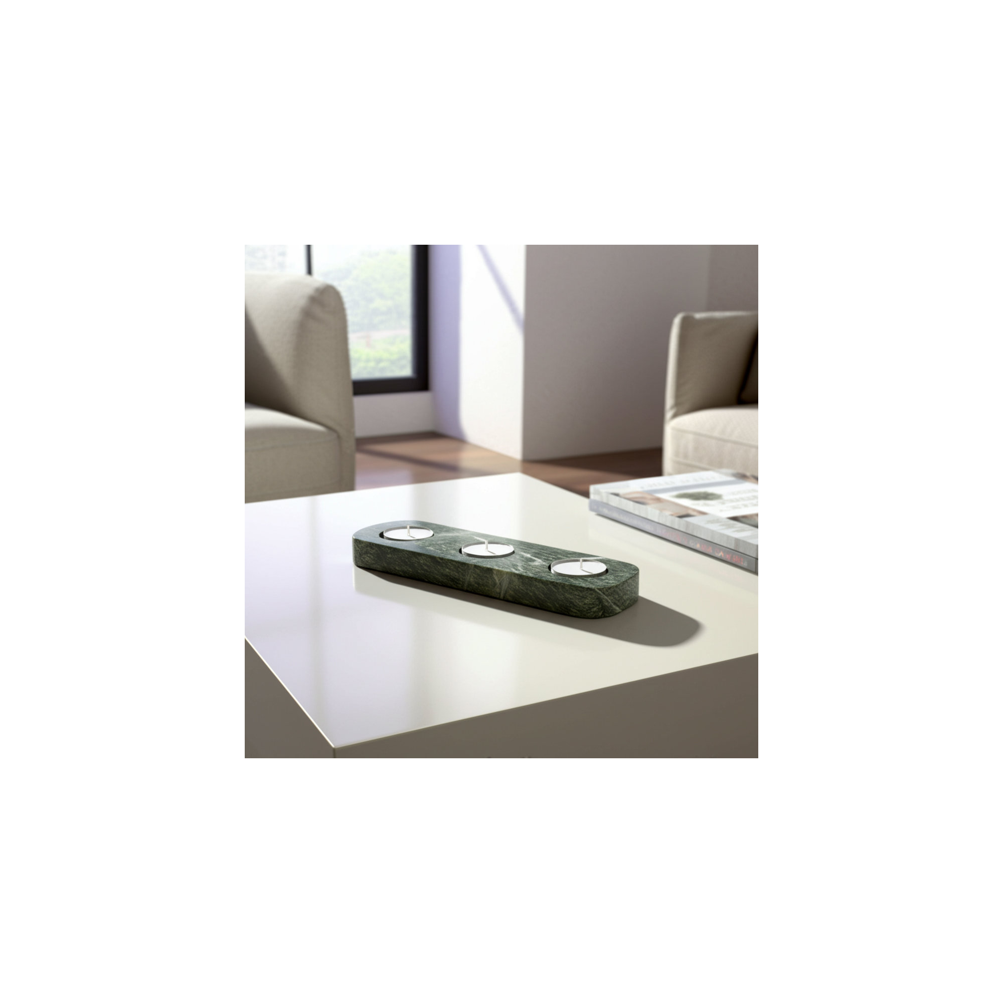 9X3" Marble 3-Tealight Holder, Forest Green
