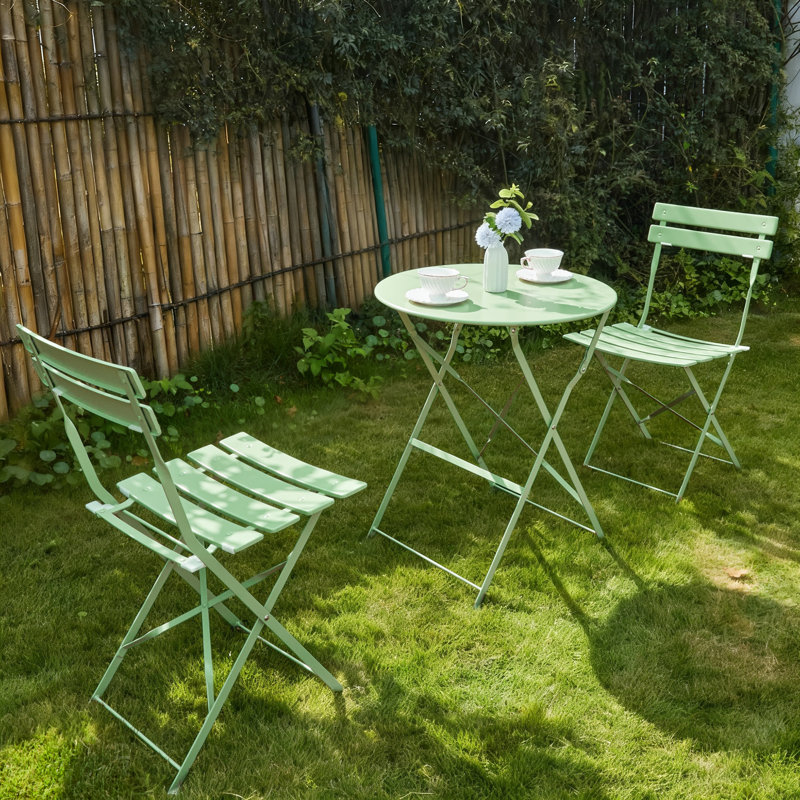 Iron Table And Folding Chair Set, 2 - Person Round Outdoor Dining Set, Green