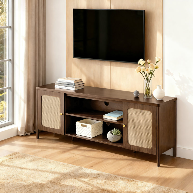  Boho TV Stand with Rattan Doors and Open Storage for TVs up to 70" , Walnut