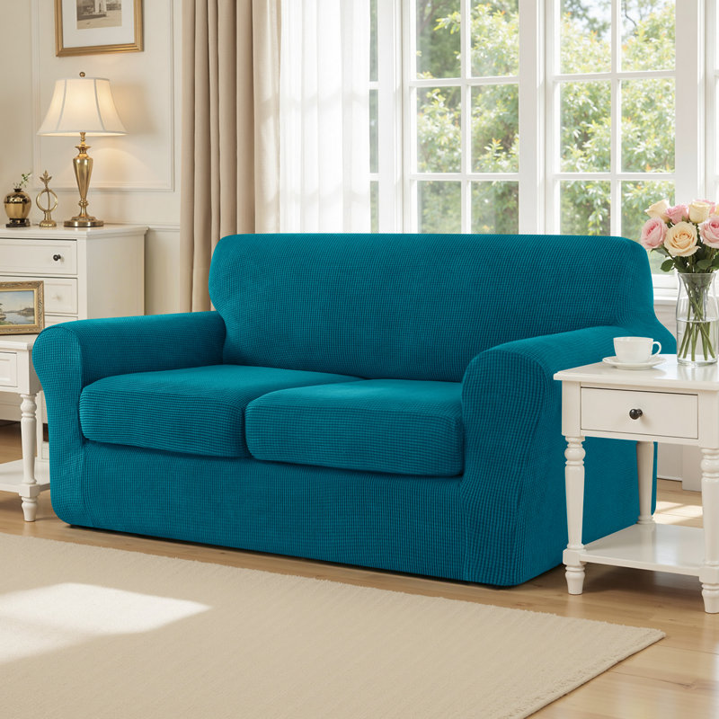 3 Piece Stretch Jacquard Couch Cover, Sofa Slipcover for 2 Cushion Couch, Machine Washable Furniture Protector(Loveseat, Turquoise)