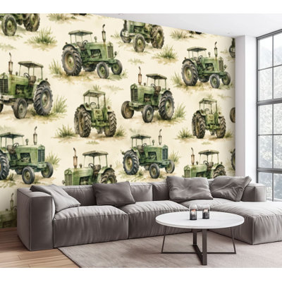 Wall Mural Peel and Stick Wallpaper Watercolor transport green tractor cartoon style farm Self-Adhesive Removable Contact Paper Wall Decor for Living Room Bedroom 69"H x 96"W