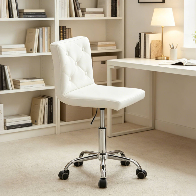 White Armless Ergonomic Adjustable Swivel Office Chair with Wheels – Modern Rolling Computer Desk Chair, Comfortable Task Chair for Home Office, Study, or Vanity