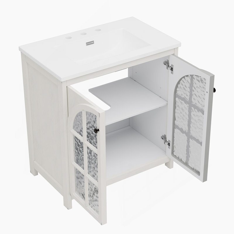 Meuble-lavabo 31 po avec lavabo en céramique, poignées en bronze et verre trempé 31 po, Blanc antique