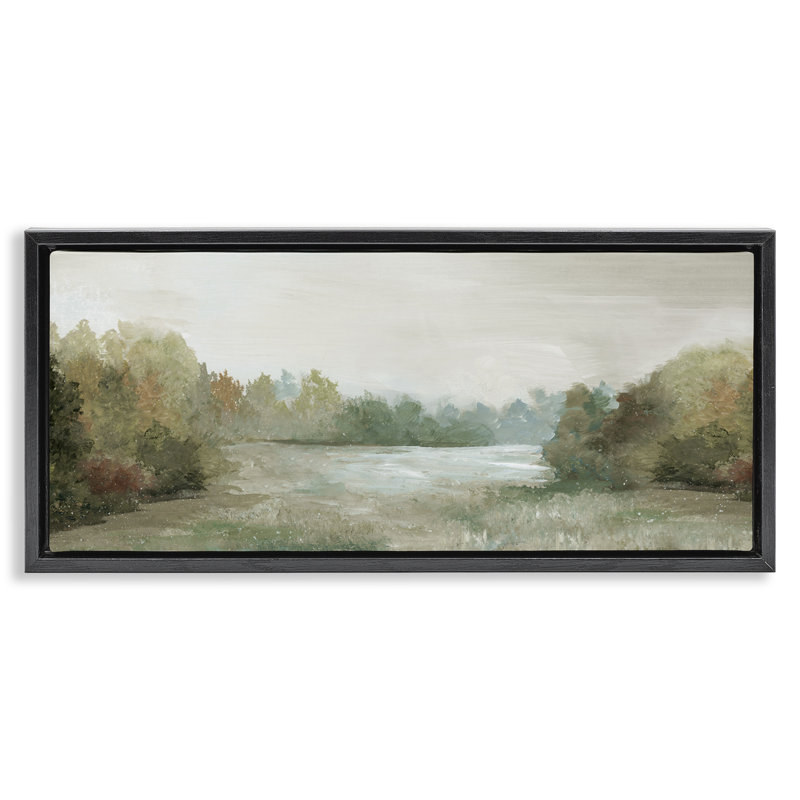 Paysage de campagne aux tons neutres, Cadre flottant noir de jais, H 14 po x l 31 po